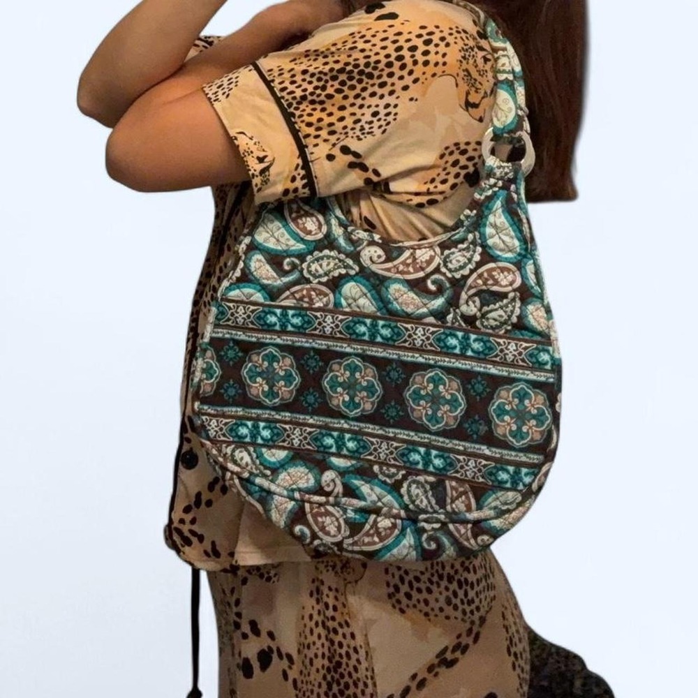 Quilted Paisley Medallion Shoulder Bag Brown Teal Boho Print